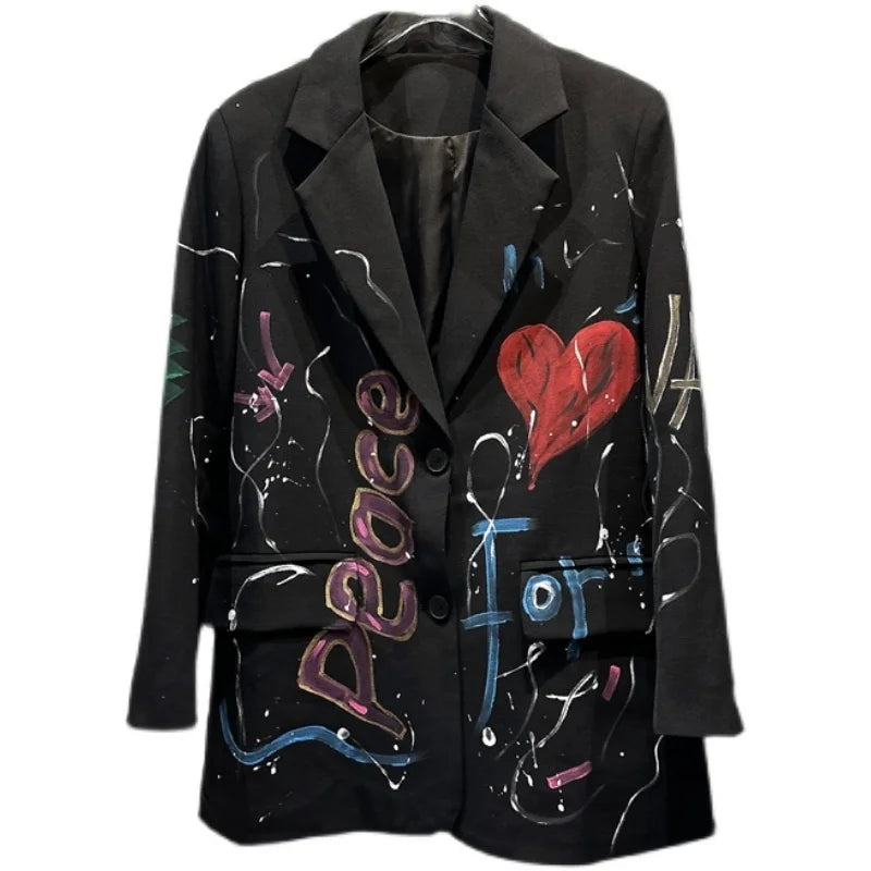 Spring Summer New Fashion Trend Blazer Lapel Single-breasted Printing Temperament Loose Coat Women