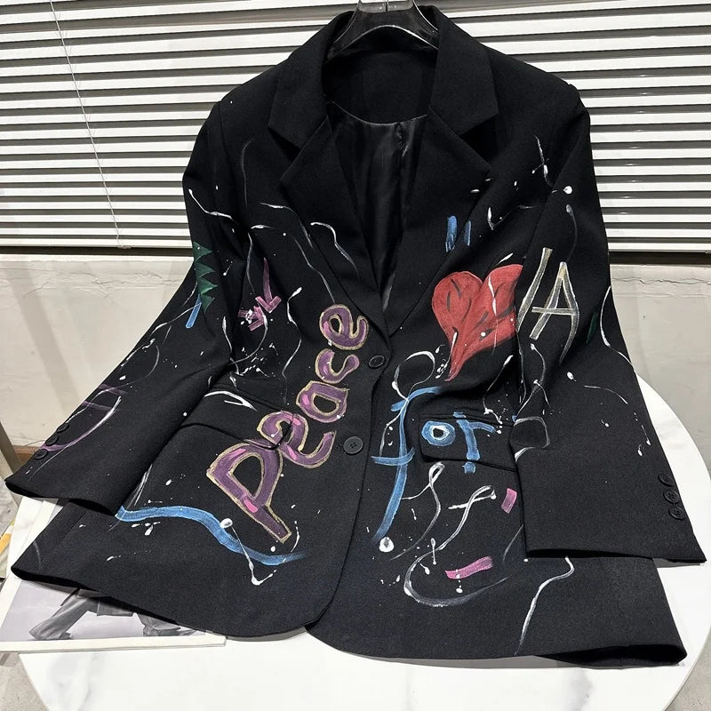 Spring Summer New Fashion Trend Blazer Lapel Single-breasted Printing Temperament Loose Coat Women