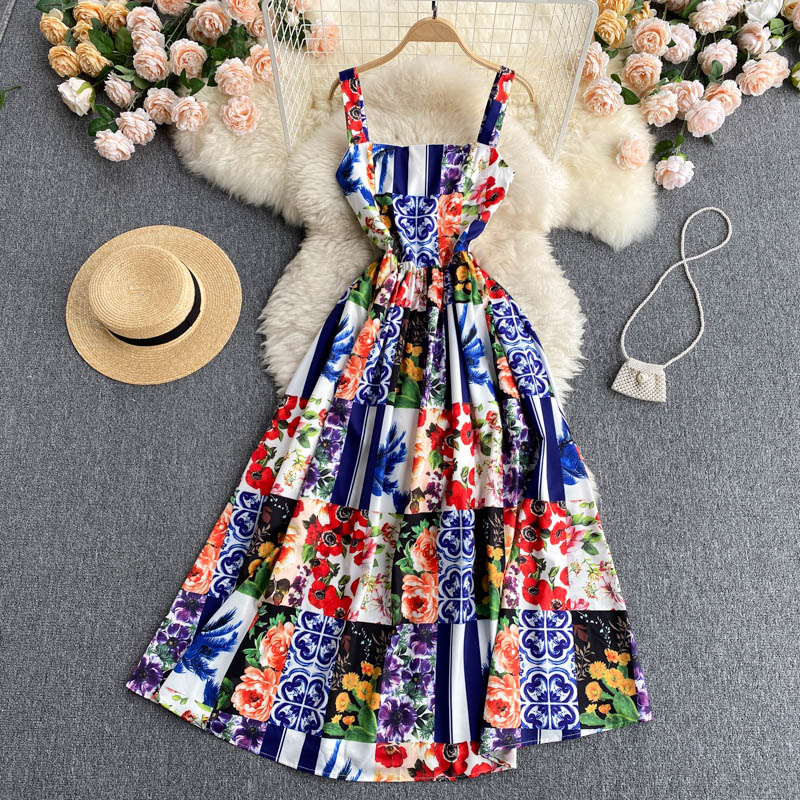 New Summer Retro Floral Print Elegant Women Sleeveless High-waisted Spaghetti Straps Dress Ladies Holiday Party Dresses