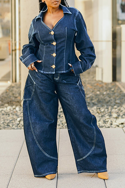 Stylish Stitched Curved Hem Denim Pants