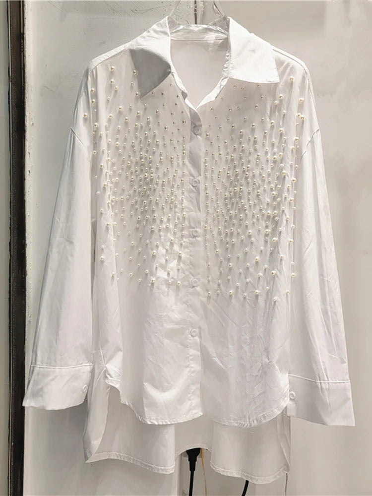 Women's Denim Shirt Loose Solid Color Full Pearls Single Breasted Female Causal Blouse Summer New Fashion