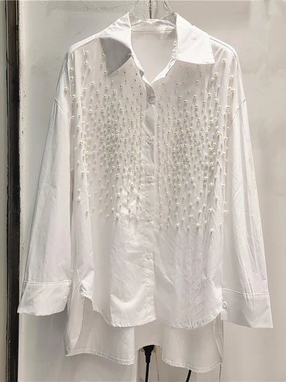 Women's Denim Shirt Loose Solid Color Full Pearls Single Breasted Female Causal Blouse Summer New Fashion