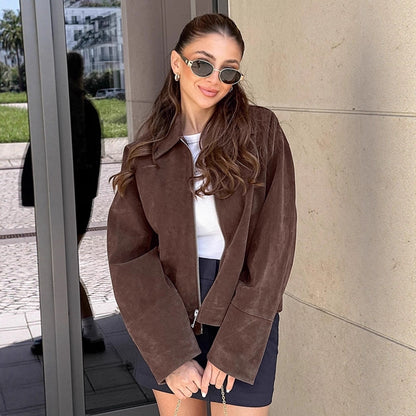 Vintage Mocha Brown Suede Jacket Women's Loose Notched Lapel Design Sense Ladies' Outerwear