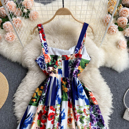 New Summer Retro Floral Print Elegant Women Sleeveless High-waisted Spaghetti Straps Dress Ladies Holiday Party Dresses