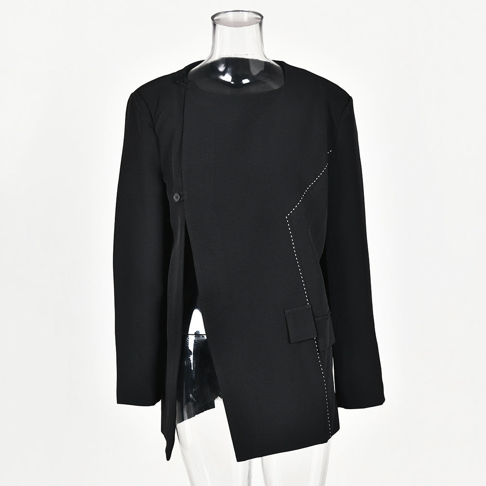 Fashion Women's Blazer Round Collar Loose Single Breasted Long Sleeve Asymmetric Black Suit Jackets Summer