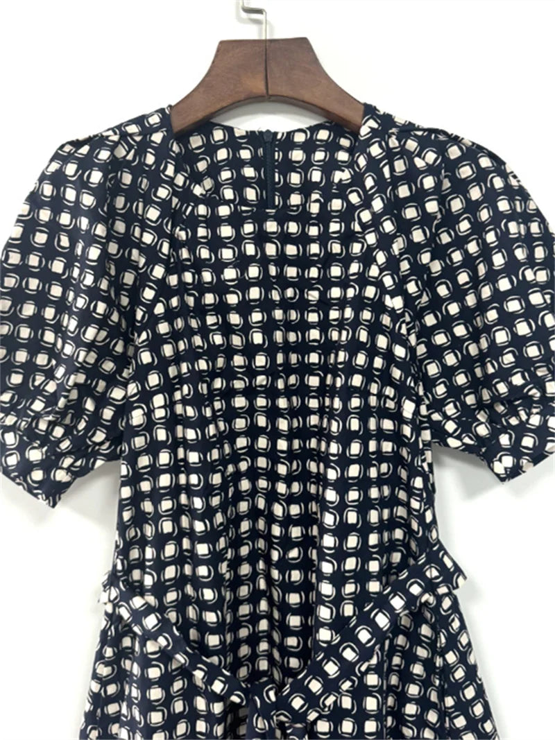 Plaid Printed Women's Lace-Up Loose Mid-Length Dress Round Neck Short Sleeve Ladies Casual Loose Age Reducing Robe