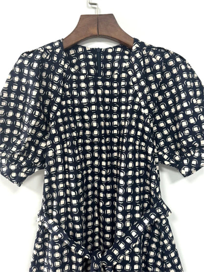Plaid Printed Women's Lace-Up Loose Mid-Length Dress Round Neck Short Sleeve Ladies Casual Loose Age Reducing Robe