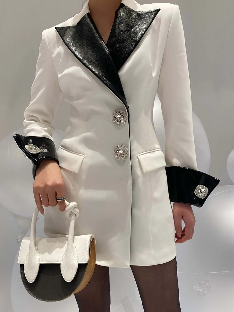 Leather Stitched Diamond Button Full Sleeve Ladies Blazer Contrast Party Coat Fashion Women Long Suit Jackets