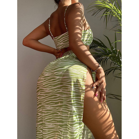 Sexy Striped Bikini Three-Piece Swimwear Set with Beach Dress