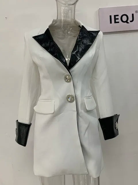 Leather Stitched Diamond Button Full Sleeve Ladies Blazer Contrast Party Coat Fashion Women Long Suit Jackets