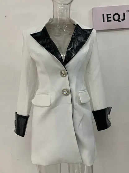 Leather Stitched Diamond Button Full Sleeve Ladies Blazer Contrast Party Coat Fashion Women Long Suit Jackets