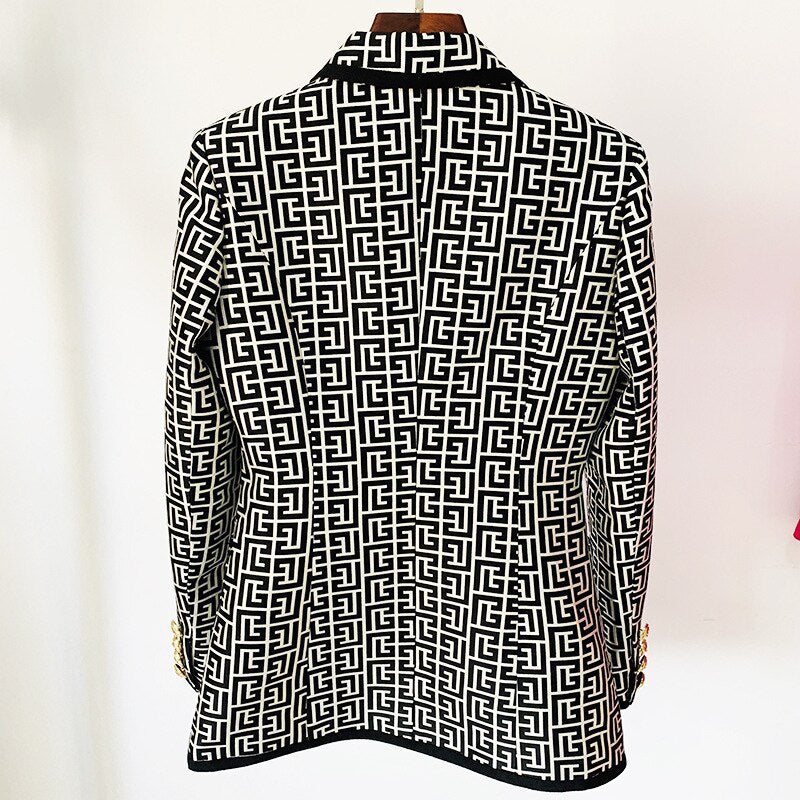 European ladies Spring High Street Classic Featured Fabric Geometric Texture Patchwork Jacket Lion Head Buckle Notched Blazer