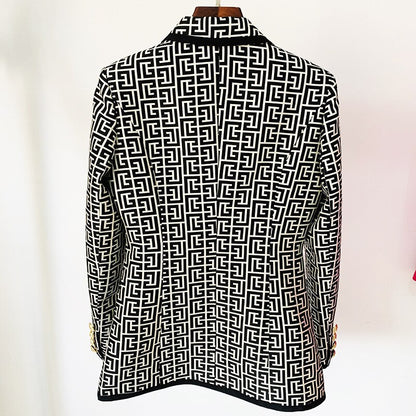 European ladies Spring High Street Classic Featured Fabric Geometric Texture Patchwork Jacket Lion Head Buckle Notched Blazer