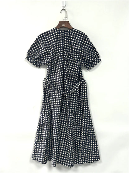 Plaid Printed Women's Lace-Up Loose Mid-Length Dress Round Neck Short Sleeve Ladies Casual Loose Age Reducing Robe