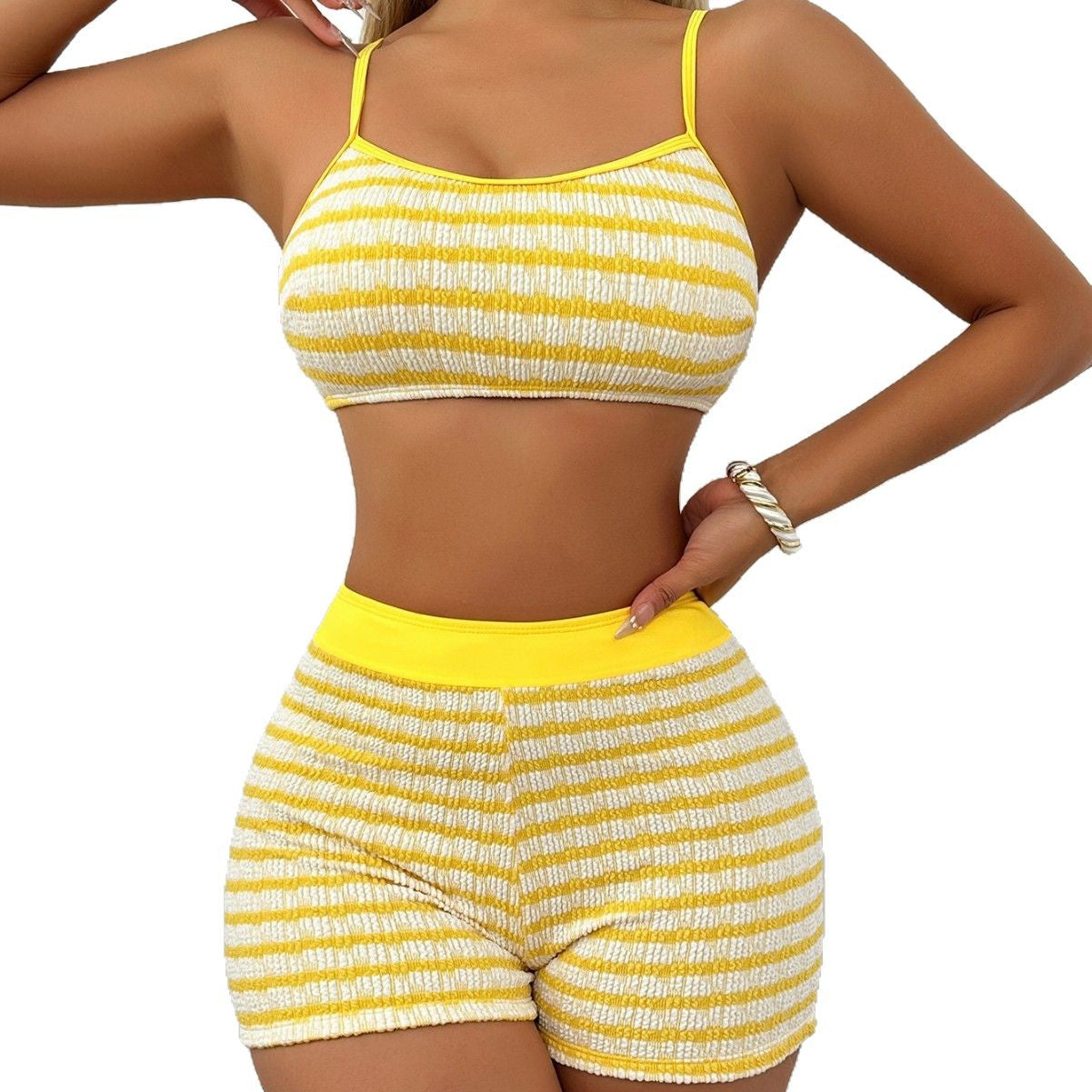 Yellow and white striped sexy two-piece bikini set