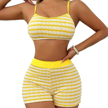 Yellow and white striped sexy two-piece bikini set