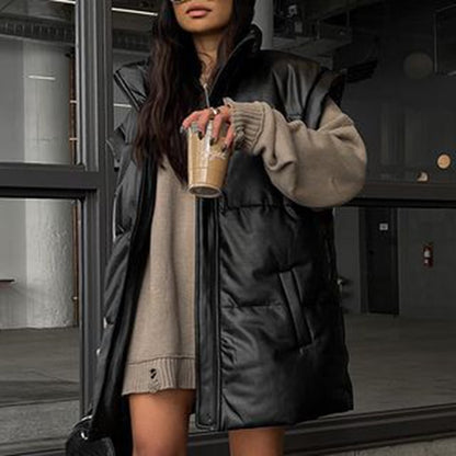 Fashion Stand Collar Simple Vests Women Elegant Side Pockets Coats Women Faux Leather Solid Straight Long Vests Ladies