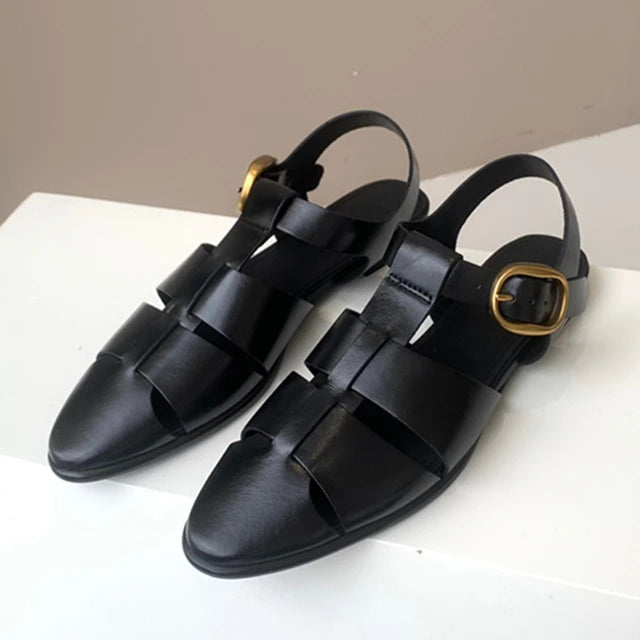 Genuine Leather Comfortable Pointed Toe Flat Sandals Women Fashion Ladies Summer Retro Hollow Roman Sandals