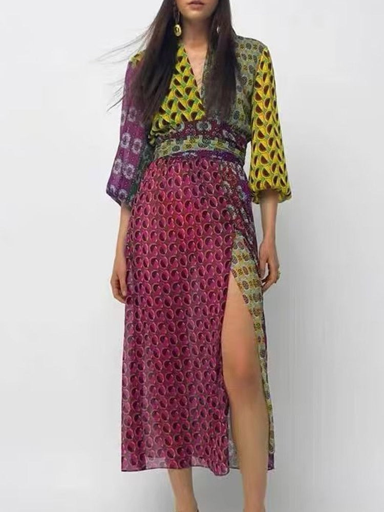 Ladies French V-Neck Colorblock Puff Sleeve Print Midi Dress