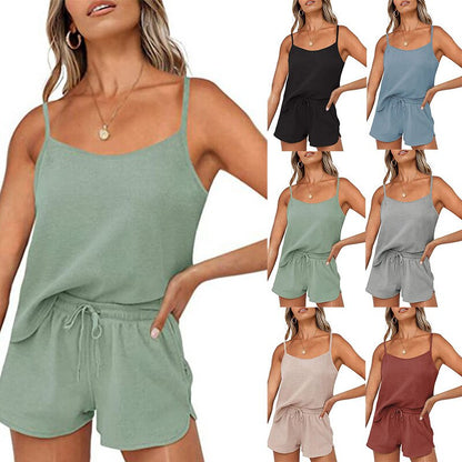 Summer new ladies pure color home service suspender shorts ribbed two-piece suit hot sale