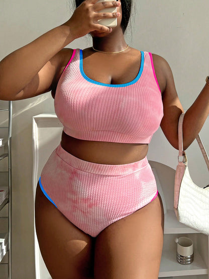 Tankini sexy swimsuit with contrasting tie dye fabric