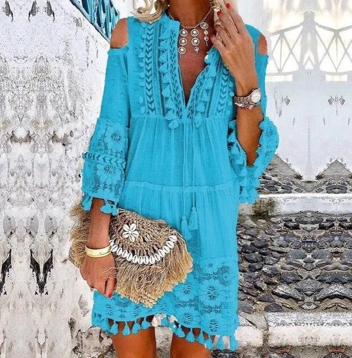 New Women's Fashion Sweet Ladies Dress Long Sleeve Dress Fringe Dress