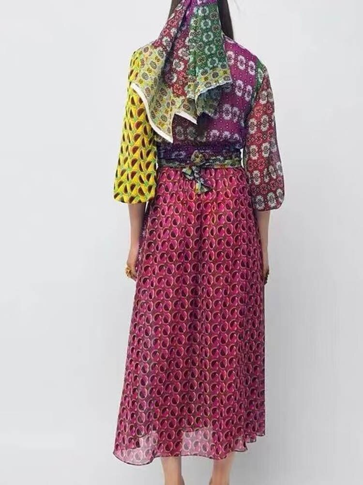 Ladies French V-Neck Colorblock Puff Sleeve Print Midi Dress