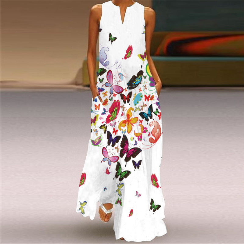New Ladies Vintage Print Long Dress V-Neck Sleeveless Pocket Summer Sexy Dress