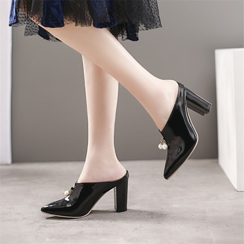 Sexy Shallow Slippers Women High Heels Summer Mules Shoes Ladies Luxury Brand Designer Pointed Toe Red White Sandals Large Size