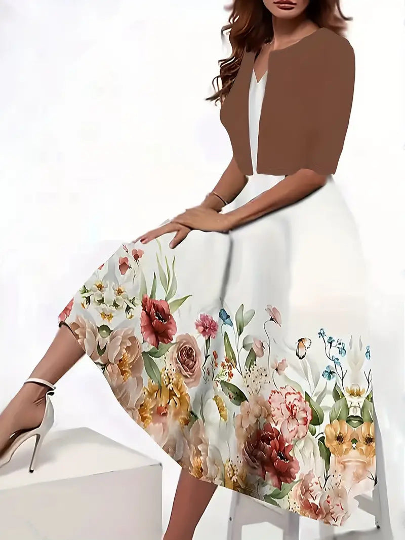 Two-piece long dress with floral and grass print, round neckline