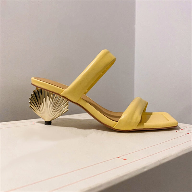 Metal Scalloped Heel Design Ladies High Heel Slippers Square toe Monster Heel Slippers Fashion Summer Party Slippers