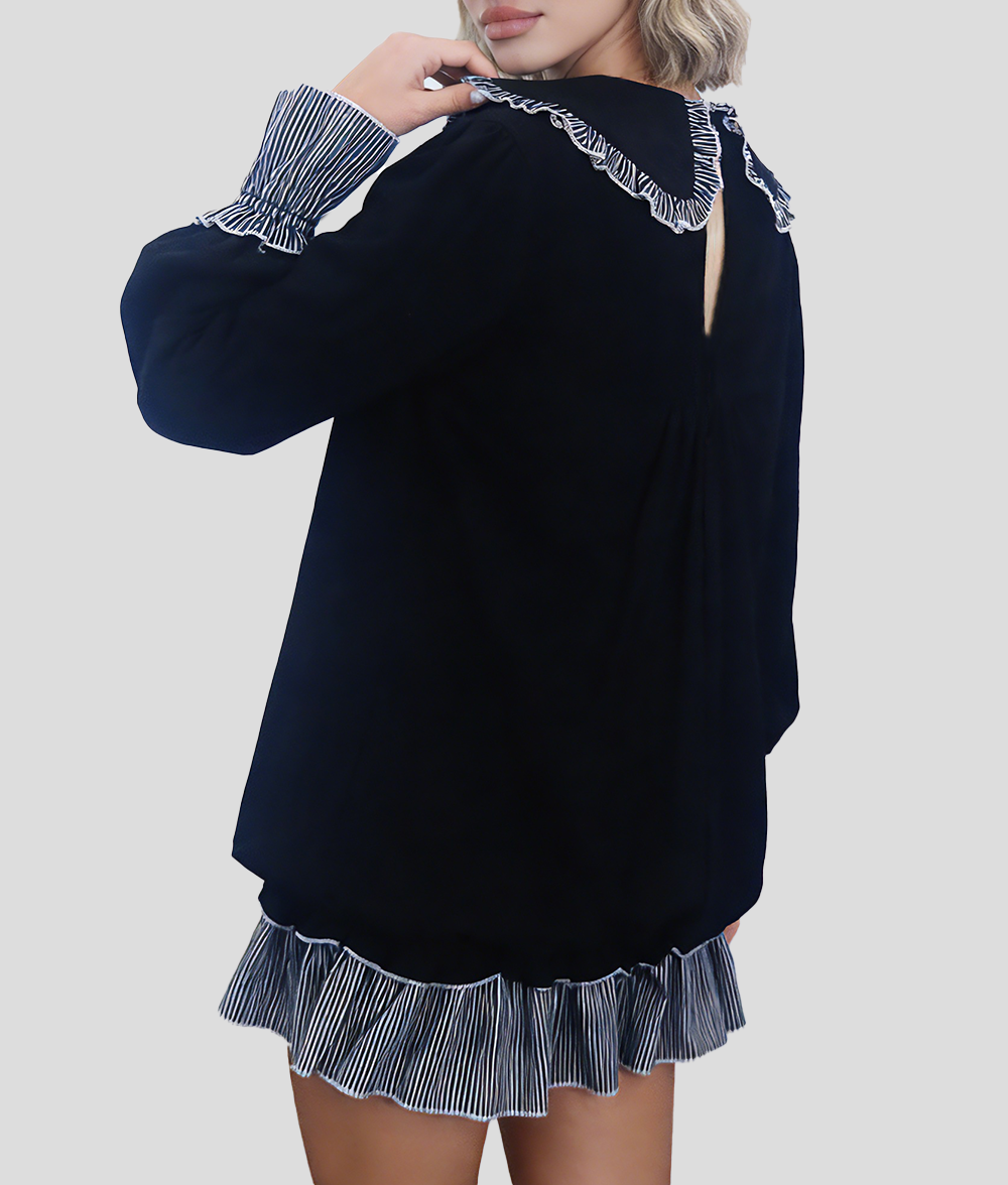 Women's fashionable black and white striped color-blocked dress with Peter Pan collar and open back