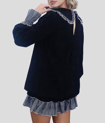 Women's fashionable black and white striped color-blocked dress with Peter Pan collar and open back