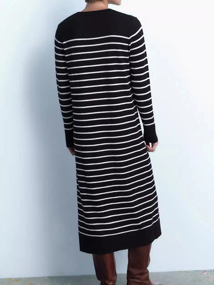 Spring Autumn New Women Long Knitted Stripe Dress Round Neck Rib Trim Long Sleeved Slim Fit Dress Ladies Trendy Casual frock