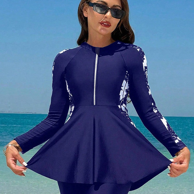 Style Printed Long Sleeve Zipper Swimwear Top for Women