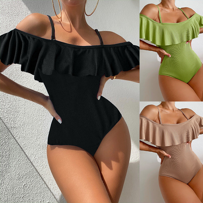 Conservative Strapless One-Shoulder Ruffle High-Waisted One-Piece Swimsuit Bikini
