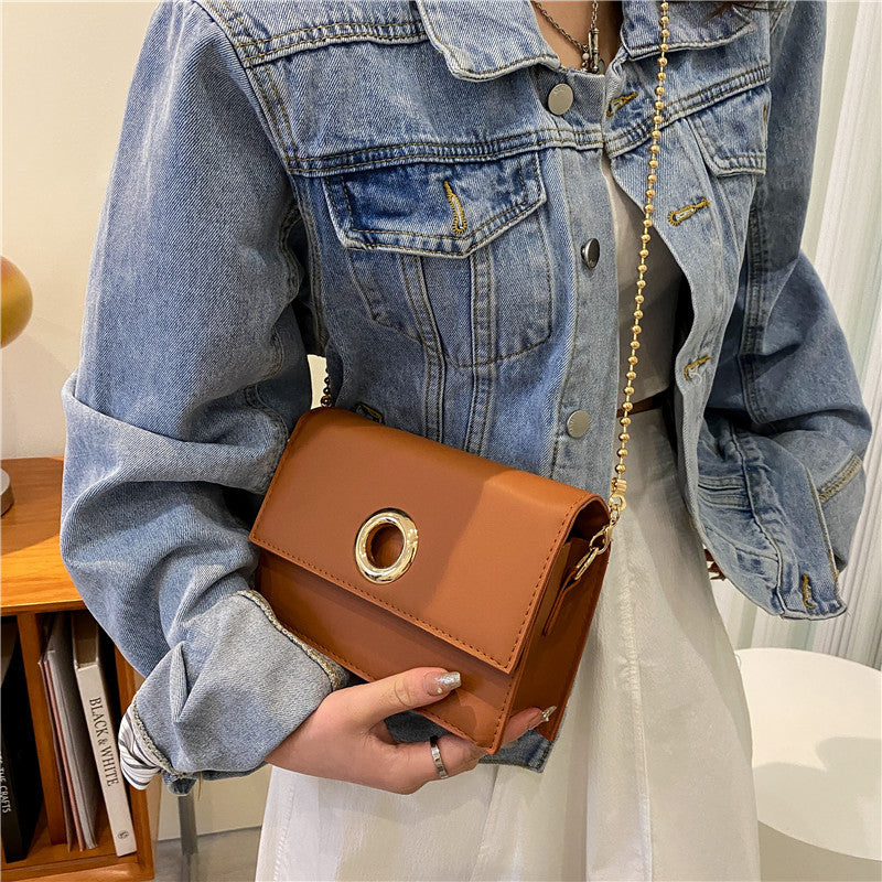 Texture Chain Western Style Ladies Bag Round Hole Small Square Bag Female Summer New Simple Hong Kong Style Messenger Bag
