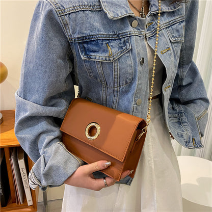Texture Chain Western Style Ladies Bag Round Hole Small Square Bag Female Summer New Simple Hong Kong Style Messenger Bag