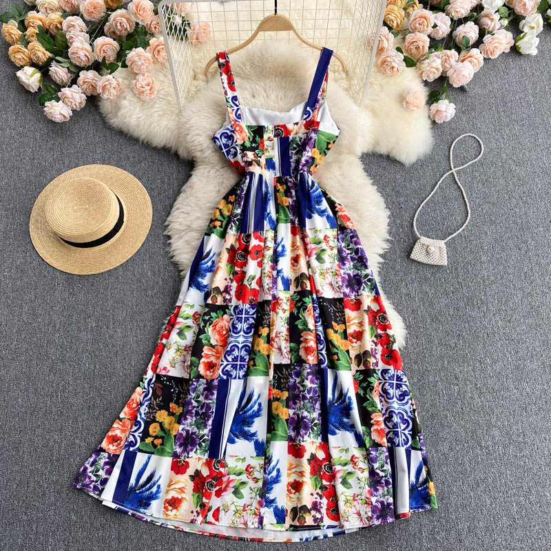 New Summer Retro Floral Print Elegant Women Sleeveless High-waisted Spaghetti Straps Dress Ladies Holiday Party Dresses