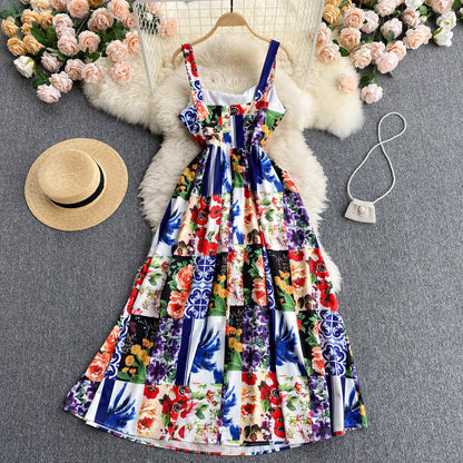 New Summer Retro Floral Print Elegant Women Sleeveless High-waisted Spaghetti Straps Dress Ladies Holiday Party Dresses
