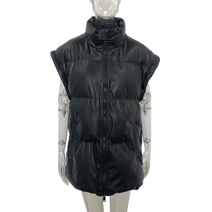 Fashion Stand Collar Simple Vests Women Elegant Side Pockets Coats Women Faux Leather Solid Straight Long Vests Ladies