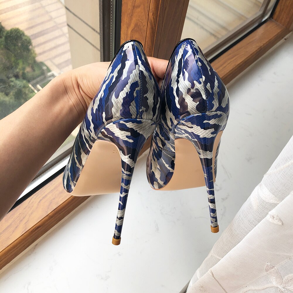 Tikicup Blue Women Patent Printed Pointy Toe High Heels 8cm 10cm 12cm Customize Ladies Chic Stiletto Pumps Slip On Dress Shoes