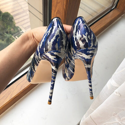 Tikicup Blue Women Patent Printed Pointy Toe High Heels 8cm 10cm 12cm Customize Ladies Chic Stiletto Pumps Slip On Dress Shoes