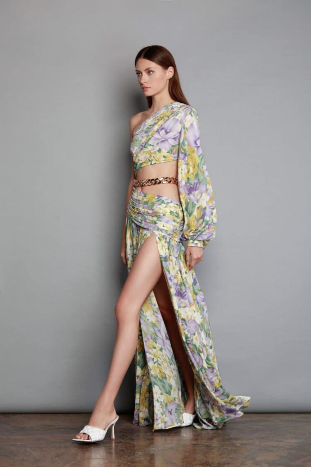 Women's Sloping Shoulder Sexy Navel Floral Skirt Temperament Ladies Irregular Swing Dress