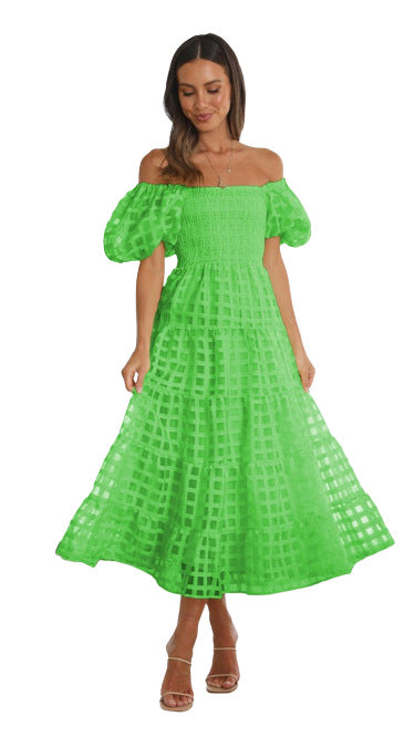 Women Slim Pleat Temperament Party Dress Fashion Chic Hollow Out Check Pattern Dress Ladies Square Collar Puff Sleeve Maxi Dress