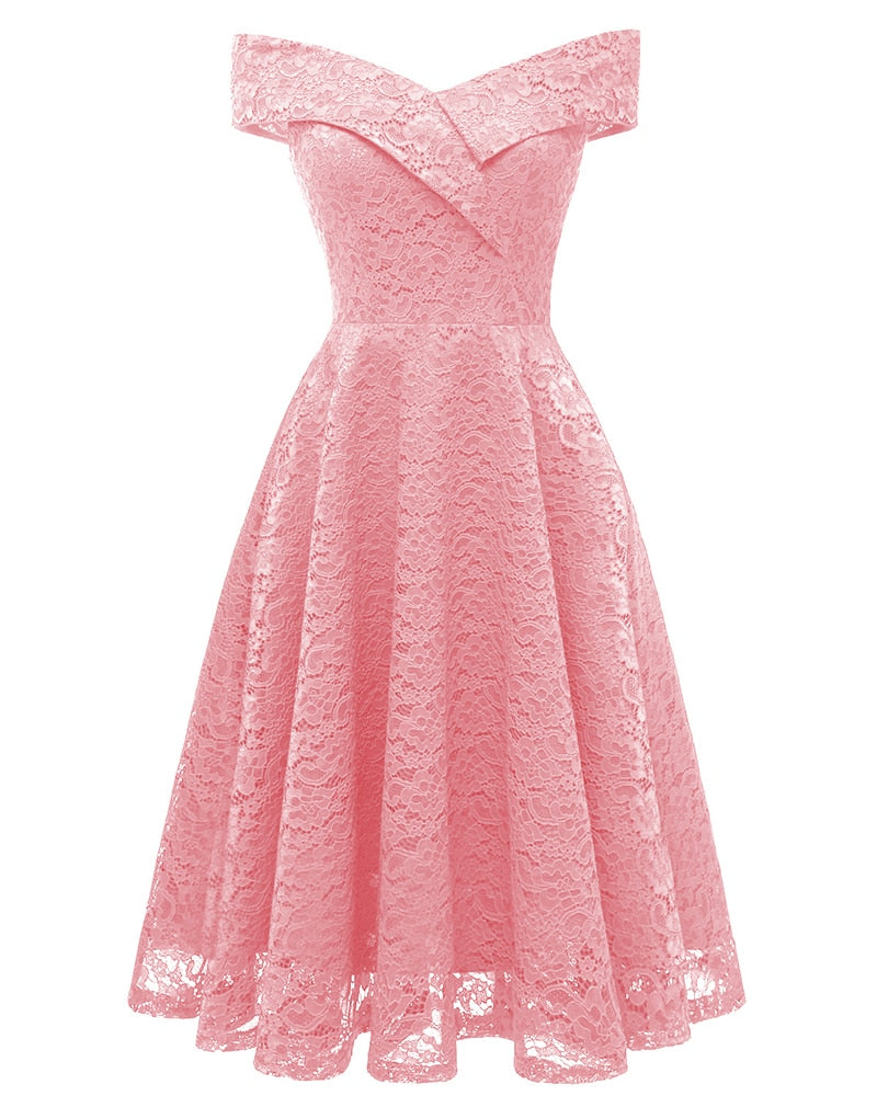 New Vintage Lace Evening Party Dress Women Slash Neck Sleeveless Midi Dress Ladies Elegant Pink Dresses