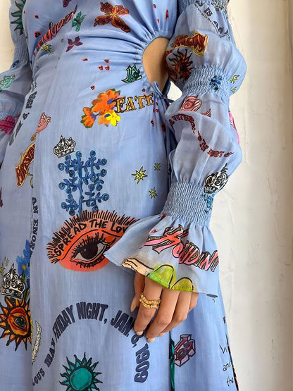 New Spring Summer Women Hollow Out Party Dress Printing Loungewear O-Neck Long Lantern Sleeve Loose Ladies Maxi Dress Streetwear