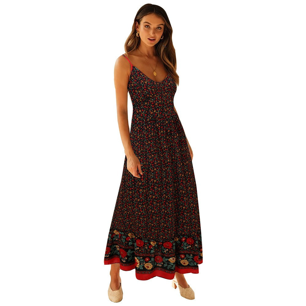 Summer Maxi Boho Dress Women Elegant Floral Dress Ladies Flower V-neck Sleeveless Strap Holiday Bohemian Dress