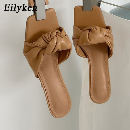 New Design Pleated PU Leather Women Slippers Square Toe High Heels Ladies Slides Summer Outdoor Fashion Dress Shoes