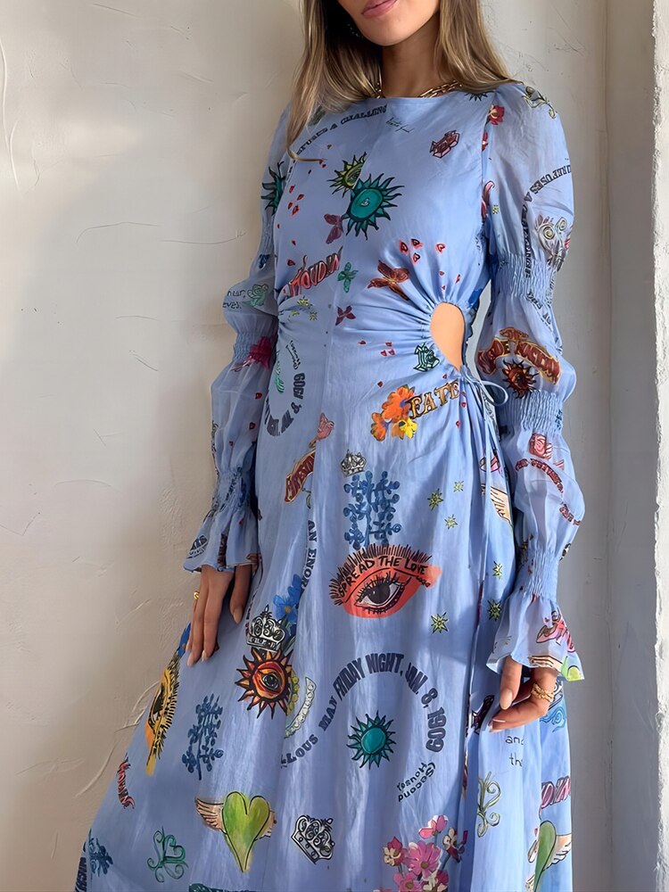 New Spring Summer Women Hollow Out Party Dress Printing Loungewear O-Neck Long Lantern Sleeve Loose Ladies Maxi Dress Streetwear